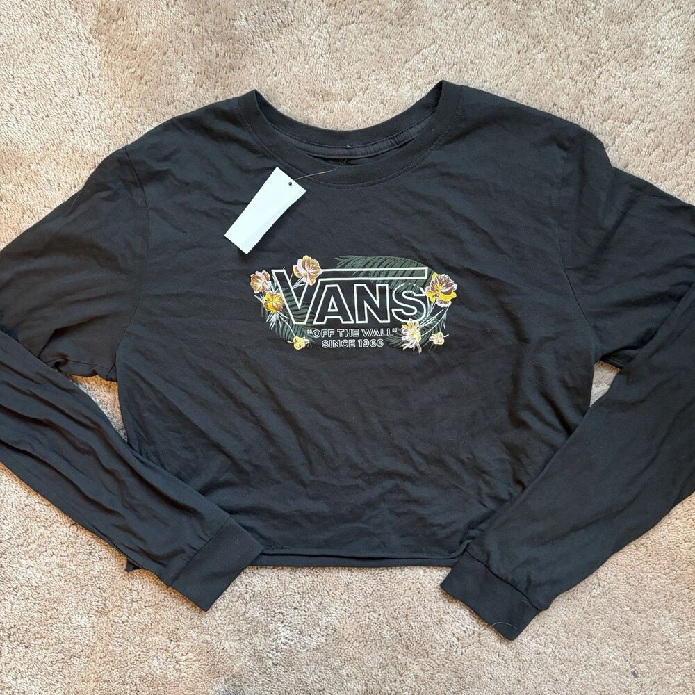 Vans Juniors Chasin' Blooms Long Sleeve Black Cropped Top Large NWT